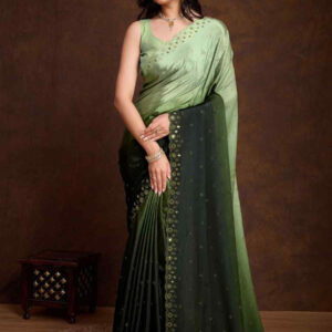 Green Chinon Silk Embroidery Casual Reception Festival Wedding Fancy Heavy Border Sarees