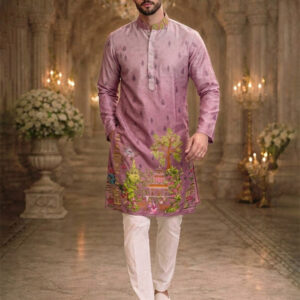 Pink Cotton Printed Wedding Party Festival Ready Men Kurta