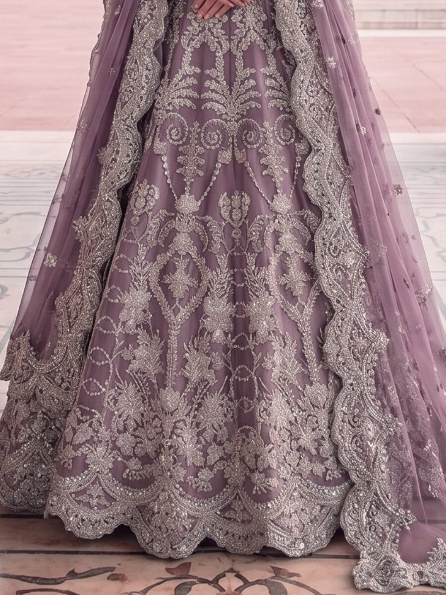 Purple Heavy Butterfly Net Embroidery Zari Wedding Party Festival Engagement Casual Lawn Salwar Kameez - Image 2