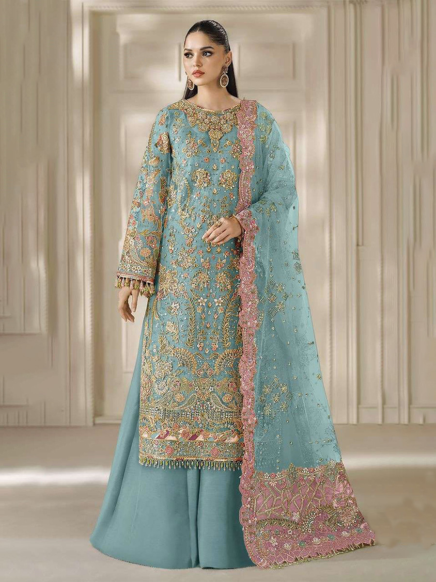 Sky Blue Chiffon Embroidery Zari Sequins Wedding Party Festival Casual Palazzo Pant Salwar Kameez