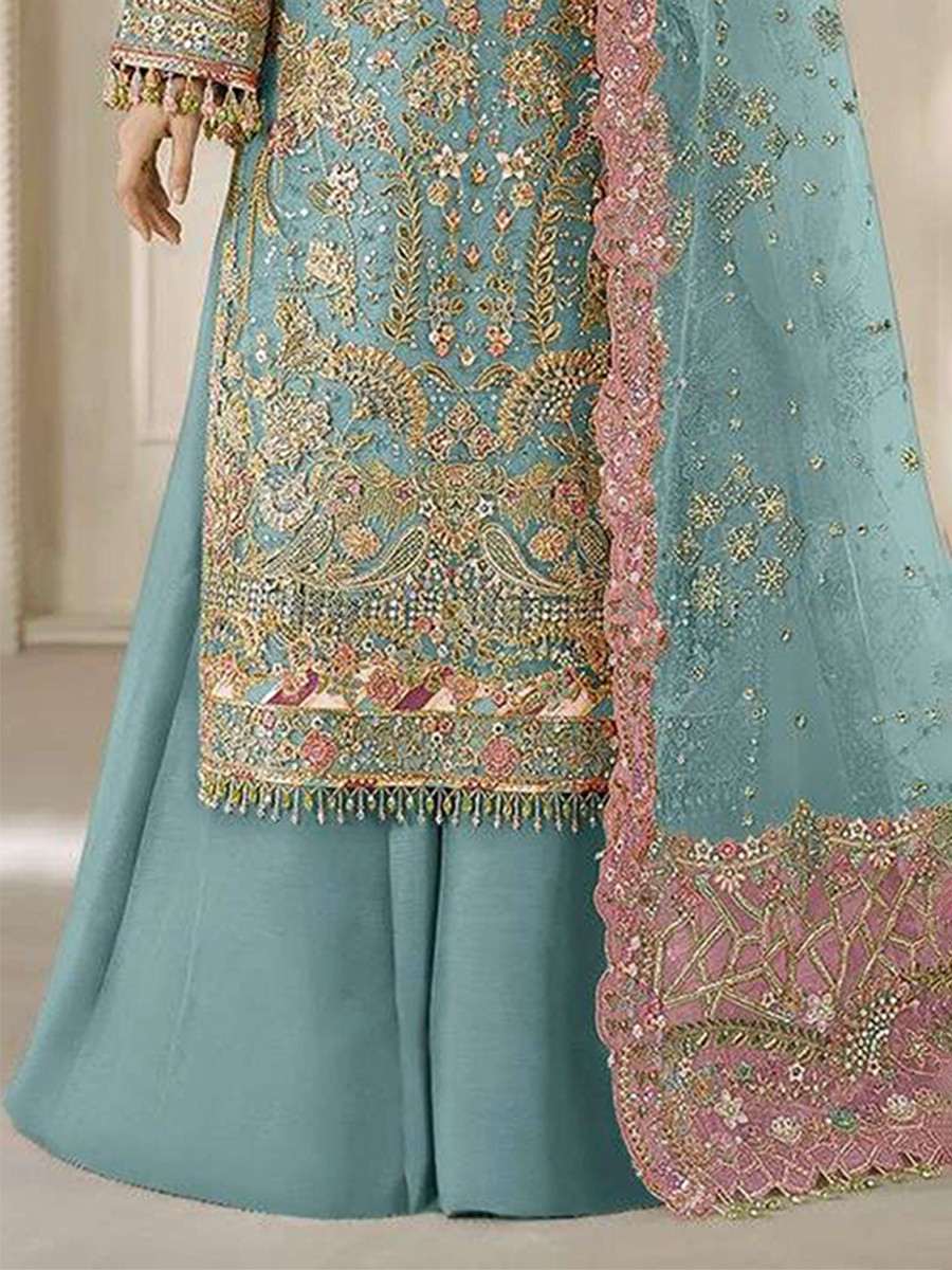 Sky Blue Chiffon Embroidery Zari Sequins Wedding Party Festival Casual Palazzo Pant Salwar Kameez - Image 2