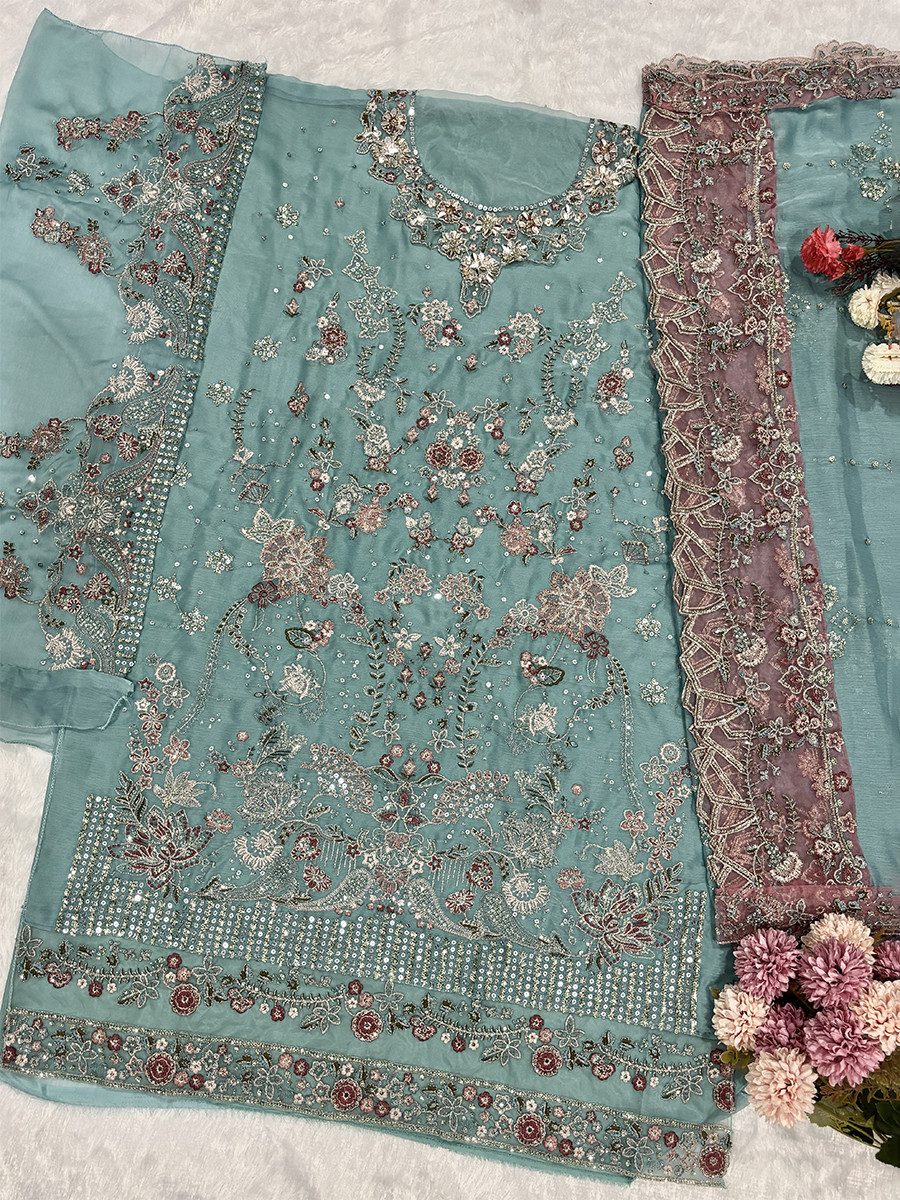 Sky Blue Chiffon Embroidery Zari Sequins Wedding Party Festival Casual Palazzo Pant Salwar Kameez - Image 3
